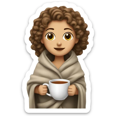 a white girl with curly hair wrapped in a blanket with a cup of tea sticker