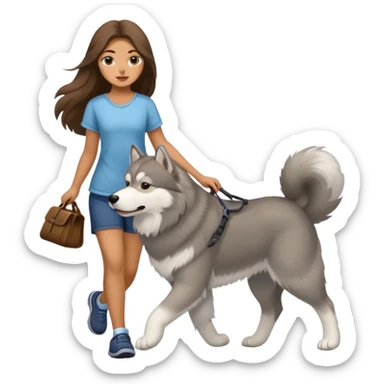 A girl with long brown hair walks a gray Alaskan sticker