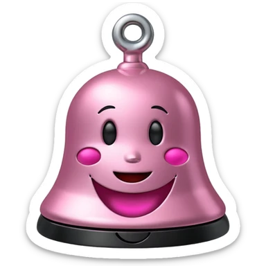 pink call bell with black base and silver knob and with smiley face on it sticker