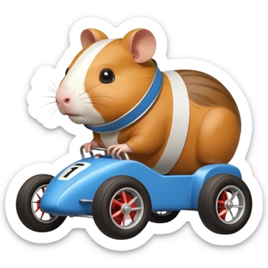Special air-cooled three-cylinder race car whose frame and suspension is made of shopping cart material with a large rear-mounted gas tank, a soft racing seat, and rear spoiler, is being raced by a small Guinea pig sticker