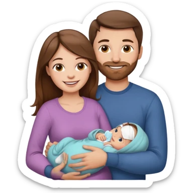 "Woman with long brown hair and fair skin holding a baby girl. And man with short brown hair and fair skin, without a mustache, holding a child. Smiling." sticker