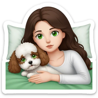 Brunette Long hair girl with green eyes sick in bed by herslef with one bichon frise dog sticker