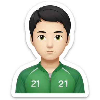 "Illustrate Cho Sang-woo (Player 218), Korean male, neat black hair, serious face, green tracksuit with number 218 bold on chest & sleeve.. sticker