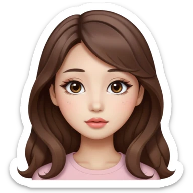 “korean straight brown hair Emoji girl, soft eyeliner and blush, gradient lips, light brown shimmer eyeshadow, long wavy hair,  sticker
