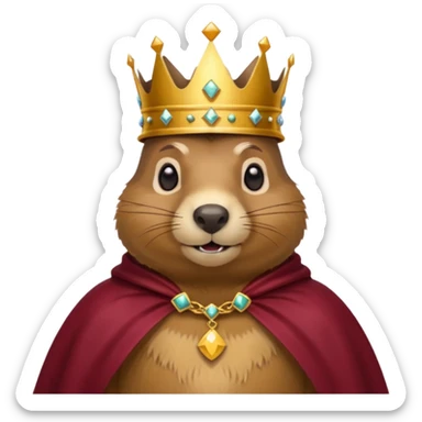 Groundhog wearing crown with a maroon cape with KPM in gold on the cape sticker