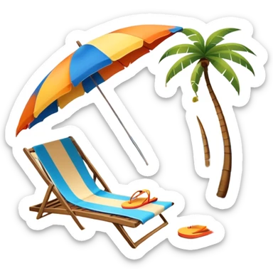 Icon for Beach Tourism: with the blue ocean, orange sunset, yellow sand beach and palm trees in the background, a sun umbrella, flip-flops, and a beach towel on the sand. The icon should represent relaxation and fun at the beach. Transparent background sticker