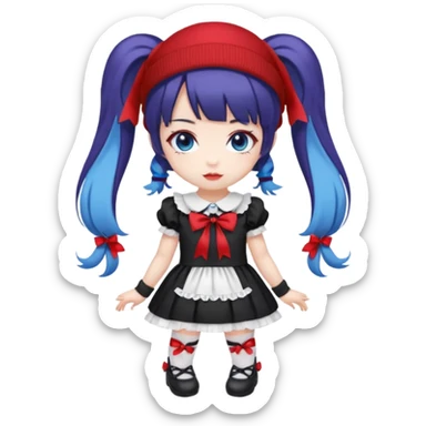 Chibi kawaii girl, violet eyes, black-blue twin tails, red ribbons, red beanie, black & white lolita dress with red accents, white thigh-highs, black mary janes, cute aesthetic. sticker
