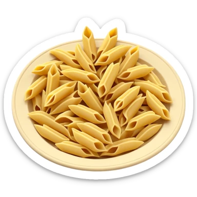 3 to 5 pieces of uncooked pasta (penne, fusilli, farfalle), clean arrangement, smooth slightly matte texture, pale yellow to golden beige color, dry and clean, slightly curved or twisted, 3D-rendered, clean, soft lighting, subtle shadows, no packaging or faces, emoji scale sticker