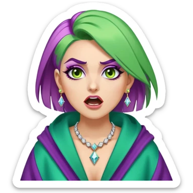 Lighter skinned woman with straight green hair and diamond hoop earrings on and purple cut crease eye makeup with brown eyebrows and a green pink blue and yellow robe on shouting angrily wearing a diamond necklace  sticker