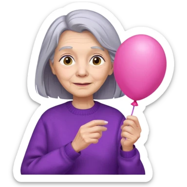 old lady, long grey hair, purple sweater, hold pink balloon sticker