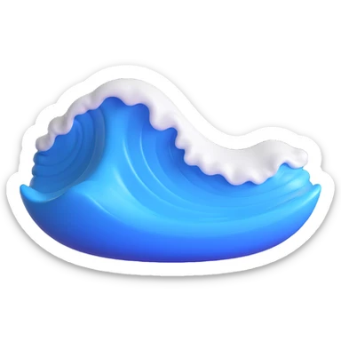 Make a wave emoji that looks exactly like the reference image, in iOS emoji style. 3D, shiny, smooth gradients, soft shadows, realistic wave shape, blue and white colors. Add a glossy effect to the water. sticker