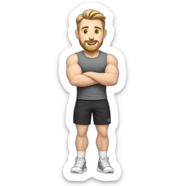 Full height Pale skinned fit man With biceps, Realistic eyes and mouth, light brown hair and stubble In dark gray sleeveless mike, black oversize sports shorts, watch and white sneakers. sticker