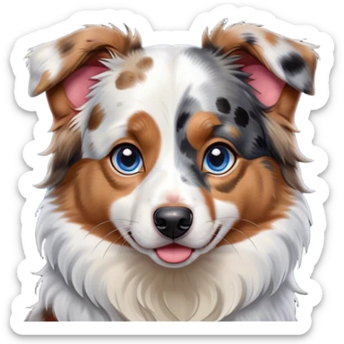 Cinematic Comical Calico Australian Shepherd Portrait Emoji, Head tilted dramatically with an exaggeratedly shocked or offended expression, predominantly white fur with striking black, tan, and red calico merle markings, wide, expressive blue eyes filled with exaggerated disbelief, Simplified yet hilariously expressive features, highly detailed, glowing with a slightly sassy glow, high shine, dramatic yet playful, stylized with an air of attitude, bright and endearing, soft glowing outline, capturing the essence of a sassy and over-the-top pup, so meme-worthy it feels like it could side-eye its way into internet fame instantly! sticker