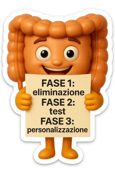 emoji stile iphone 3d di un intestino che tiene in mano un foglio con la scritta "FASE 1: eliminazione, FASE 2: test, FASE 3: personalizzazione, IPERREALISTICO 4K sticker