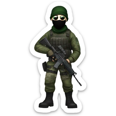 white male, pale skin, call of duty black mask, green camo tactical gear, combat boots, black beanie, hazel eyes sticker