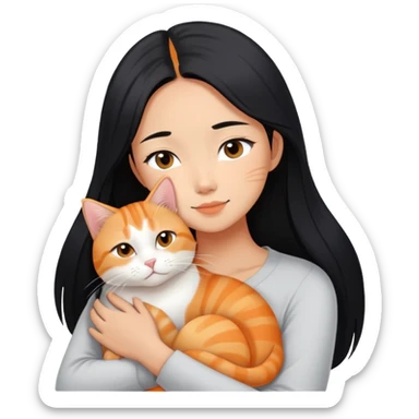 Young Asian woman with long straight black hair cuddling a white and orange tabby cat, gentle embrace, affectionate pose sticker