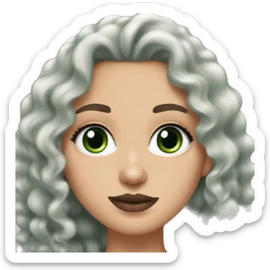 white girl, green eyes, BLACk long curly/wavy hair, cute earrings, green v-neck top, mascara mauve lipstick sticker