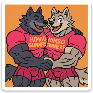 pair of ultra-muscular wolf furries wearing 'Himbo gunners' t-shirts, hugging, cheerful and energetic, very large, defined, and detailed muscles, high quality sticker