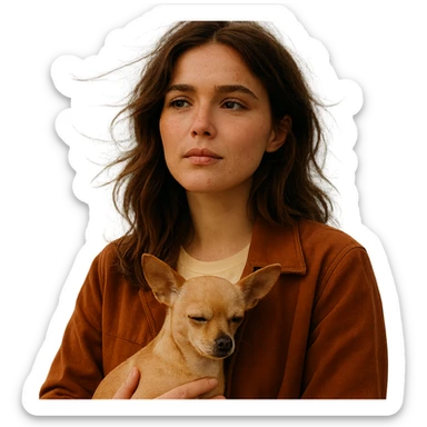Portrait of a woman inspired by the facial features visible in the reference images, with a tanned complexion and subtle freckles. She wears a shirt in color #FFF8CA and a rust-colored jacket. Her hair is medium-length brown with auburn highlights. She has a dreamy and poetic expression, holding a beige-brown chihuahua. The style is inspired by a Netflix series, with a transparent background. The ambiance is oceanic and windy from Tenerife, creating an intimate Instagram diary universe. sticker