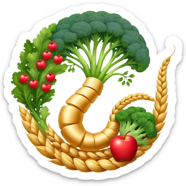 Golden wheat stalks, green leafy vegetables, bright apples, berries, broccoli, and tiny seeds surrounding a glowing spiral digestive system. Light sparkles flow through the intestines showing fiber's cleansing effect. sticker