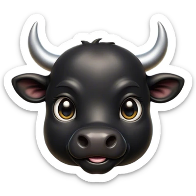 Cinematic Cute Black Bull Portrait Emoji, Head tilted playfully and inquisitively, featuring a glossy, robust black hide with a striking sheen, round, sparkling dark eyes filled with gentle curiosity, Simplified yet irresistibly adorable features, highly detailed, glowing with a warm, friendly glow, high shine, affectionate and imposing, stylized with a touch of rugged charm, bright and endearing, soft glowing outline, capturing the essence of a mischievous yet loving bull, so playful it feels like it could stomp out of the screen and into your arms! sticker