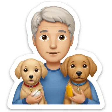 Italian man. No moustache. with salt and pepper hair holding a golden retriever and a labrador dog sticker