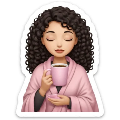 woman with hispanic medium skin tone, black long 3b curls, closed eyes, feminine face, holding soft pink coffee cup with beige blanket over shoulders sticker