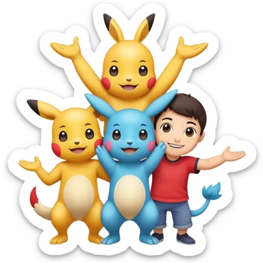 Three Pokémon characters working together as friends — bright, cheerful, and playful. They are helping each other: one is lifting another up, another is offering a hand, and they are all smiling. The style is colorful, cute, and cartoon-like, with a joyful background. sticker