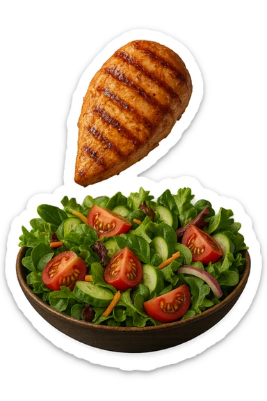 INSALATA CON PETTO DI POLLO GRIGLIATO CHE CADE DALL'ALTO, IPERREALISTICO 4K sticker