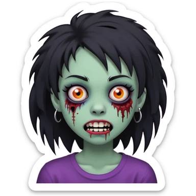 girl, zombie, black coily hair, medium long, emo, shaggy, dark, spooky, piercing on eyebrow, colourful teeth, creepy blank expression sticker