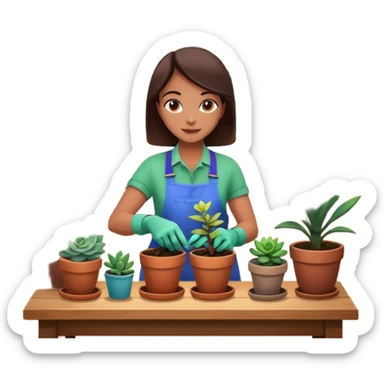 Close-up of a person planting a sapling in a pot. Around, potted plants and succulents with vibrant leaves and flowers. Sunlight filters through the window, casting soft shadows. Cozy indoor space with gardening tools on a wooden table. sticker