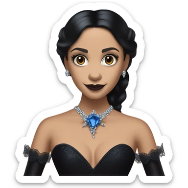 relaxed low-cut slinky black evening ball gown with lace gloves, Jenna Ortega as Morticia Addams wearing a mini diamond tiara showing off a cute blue horned dragon ventriloquist puppet sticker