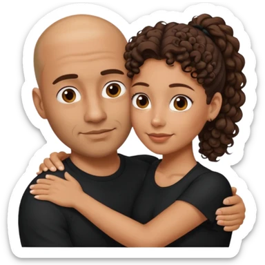A picture of a tanned couple embracing. the man is a Mexican man with tanned skin, a bald hair cut, short beard and wearing a black shirt. the woman is mixed, with curly brown hair in a pony tail and with big boobs  sticker