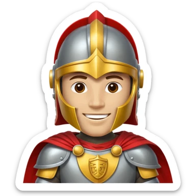 A friendly Trojan warrior mascot with a large cartoon-style head, wearing a silver helmet with a red crest and black cheek guards. confident smile. The character wears dark armor with metallic details and a bright yellow cape sticker