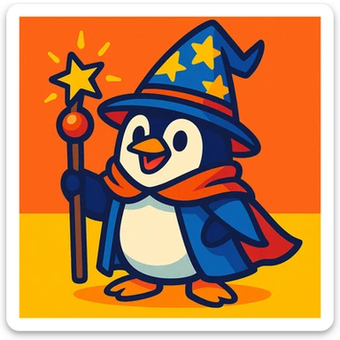 a penguin dressed as a wizard, with a pointy hat and a magic staff, in a fun and whimsical style, colorful vibrant toon style sticker