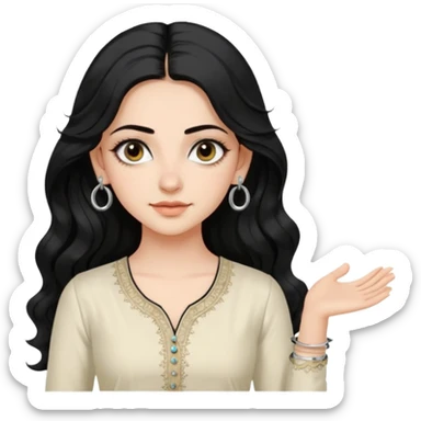 a pretty bratz fair girl with long wavy black hair, kajal under eyes, small silver hoop. ivory coloured kurti sticker