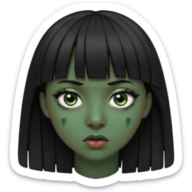 Mulher de franja cabelo preto pele verde bem escuro com a cara machucada com os olhos regalado fundo escuro sticker