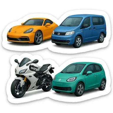 Change each car to a different type and color: one sport car in orange, one van in blue, one motorbike in white, and one electric vehicle (EV) in teal. Keep the 3D emoji style, detailed and stylized, no background. sticker