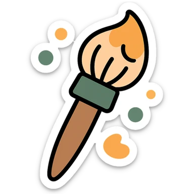 A cute and whimsical artist's paintbrush with a soft and cozy design, featuring a warm color palette: golden orange (FA9B41), deep forest green (4A7C5C), muted taupe brown (96775A), and pastel peach (FFCC9A). The brush has a delicate wooden handle in muted brown, with the bristles slightly fanned out, holding a touch of paint in shades of peach and orange. The tip of the brush is dipped in a soft golden hue, and tiny splashes of paint in the palette’s colors are gently scattered around. The overall mood is playful, artistic, and charming, evoking a sense of creativity and warmth. sticker