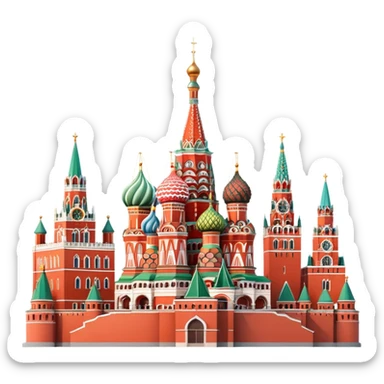 cinematic realistic emoji of Moscow skyline with iconic landmarks Kremlin, St. Basil's Cathedral, Moscow State University, FSB Headquarters Building Lubyanka, lifelike detail, accurate colors, bright daytime lighting, wide city view, no sky, no clouds sticker