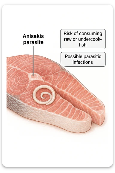 a close-up cross-section of a raw fish fillet, showing a white, coiled Anisakis parasite embedded in the muscle tissue. The parasite is clearly labeled, and the surrounding fish tissue is rendered in detail. The background is clean and white, with educational callouts explaining the risk of consuming raw or undercooked fish. sticker