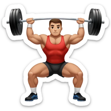 Powerlifter lifting a heavy barbell in a dramatic display of strength, muscles flexing under the pressure. The focus is on the lifter's intense effort and the heavy weights on each side. The background features a gym with weights and equipment, emphasizing the raw power of the sport.  sticker