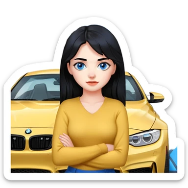 Make a cute Russian girl with black hair and blue eyes with a BMW m4 sticker