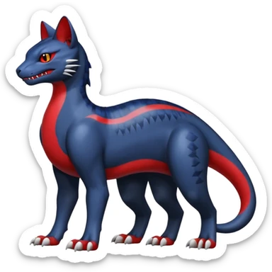 midnight blue-gray-black, with red markings, white belly, scaley Bastet-Liepard-Noibat-Gatomon-Garchomp-Digimon-Fakémon-Pokémon-creature (full body) sticker