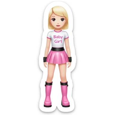 Mini latex skirt and boots and short top with pink inscription “Baby girl” sticker