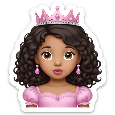 princess, medium brown skin tone, very adorable toddler, with big plump lips, long long lashes, black curly long hair, brown eyes, pink tiara sticker