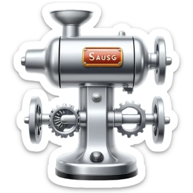 sausage-processing droid. retro-futuristic style. top is a circular industrial meat grinder with rotating gears and blades. Two robotic arms feed material into grinder. Sausage links extrude from the rear like  factory. The body is metallic, compact, and floats above the ground.no legs. Dark humor sticker