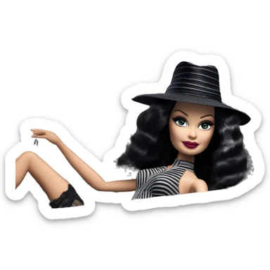 Bouclé Beauty Lingerie Barbie, Morticia Addams from academy, in dark-gray and black striped outfit with hat. Driving 1965 Mercedes 190 sticker