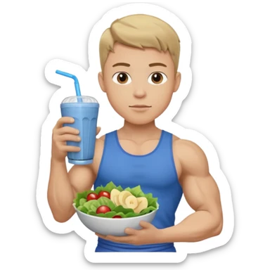 A young male person with a muscular, well-defined build. He has short dark blonde hair, a light skin tone, and a neutral facial expression. He wears blue cloth. He is holding a salad in one hand and a protein shake in the other. sticker
