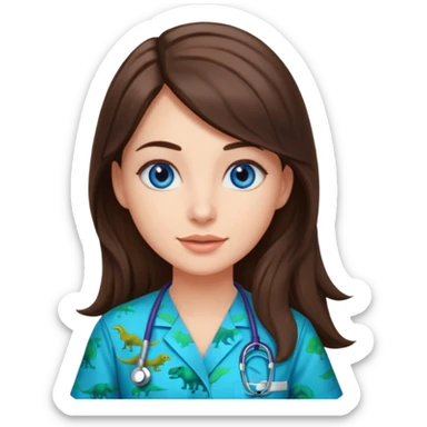 pretty brunette nurse with long hair and blue eyes in dinosaur pattern scrubs sticker